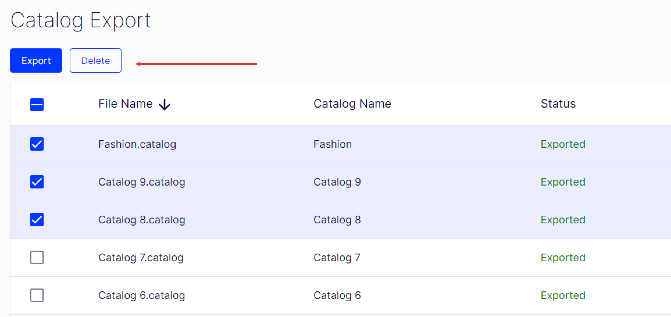 screenshot of the Catalog Export window with items selected for deletion