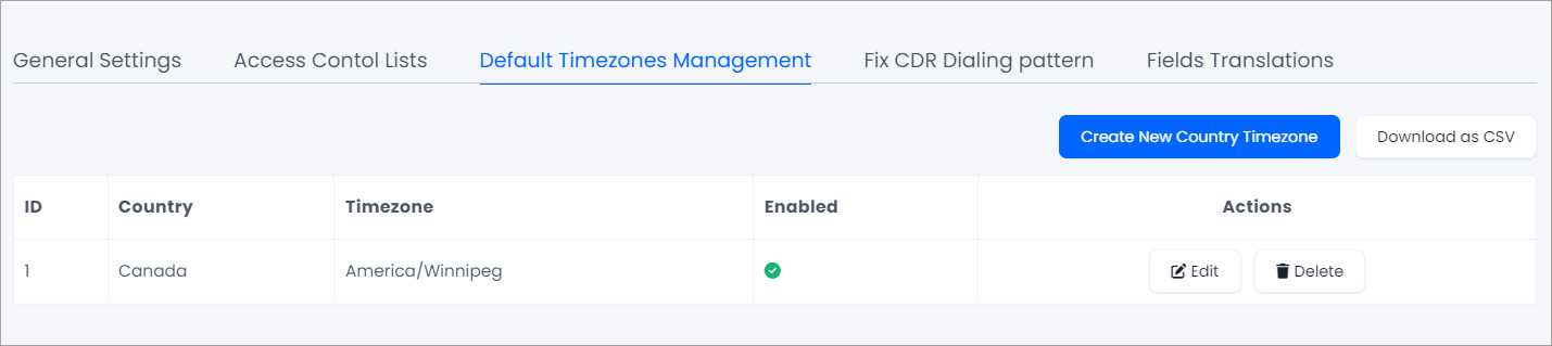 Screenshot of the Default Timezone Management tab