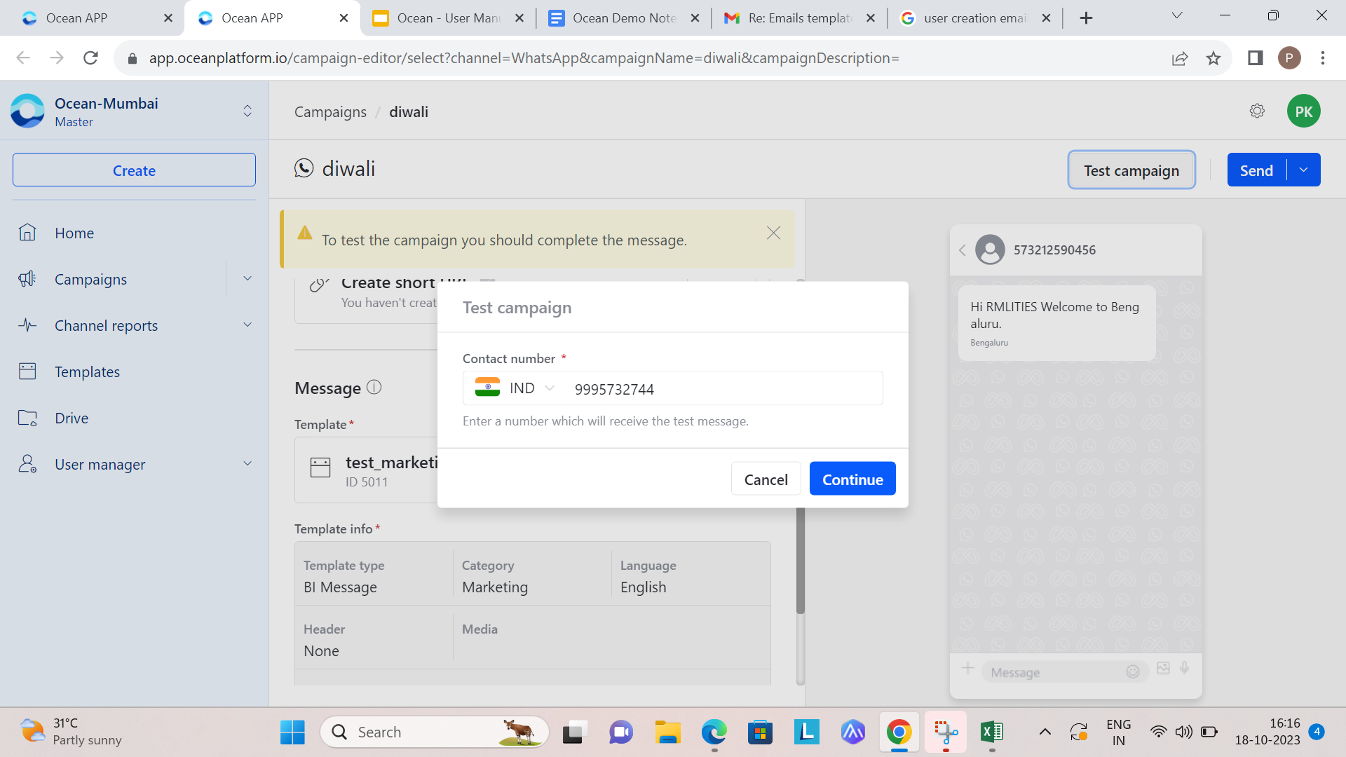 WhatsApp test campaign confirmation dialog