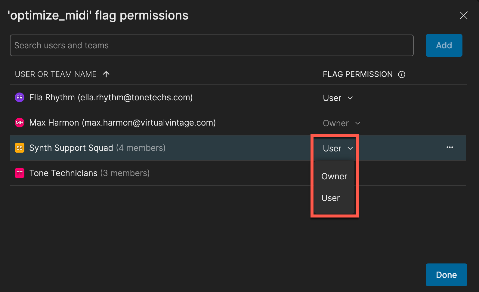 Flag permissions screen for an example flag in Atono, showing the option to change permissions for a team or user from 'User' to 'Owner' from a dropdown menu in the 'Flag permission' column.