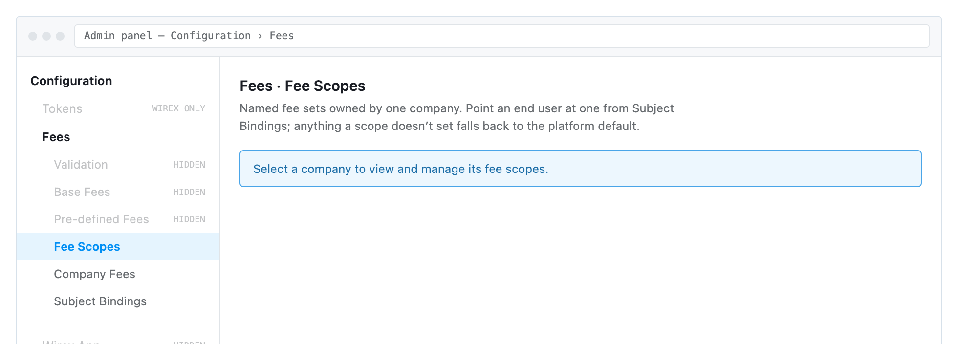 Configuration then Fees, as a partner administrator sees it