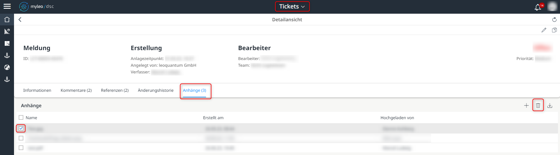 Entfernen des Anhangs eines Tickets
