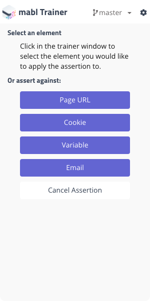 Options for creating assertions on including Page URL, Cookie, Variable, and Email
