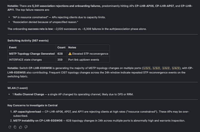 A newest-first stream of individual events with severity and source