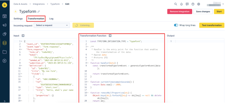 Transformation tab open with the transformation function pasted into the panel