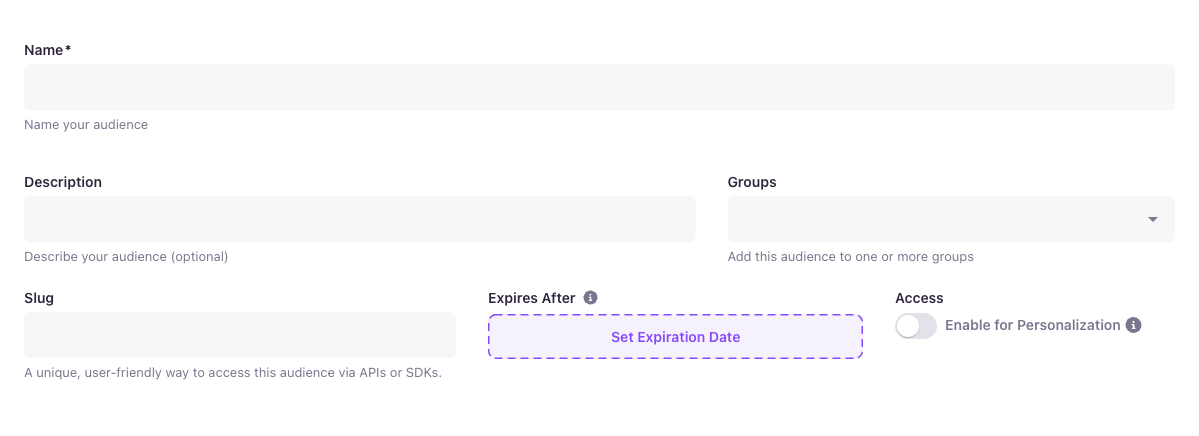 Audience details — Name, Description, Groups, Slug, Expires After, Access
