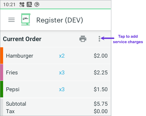 Clover device—Add service charges pop-up