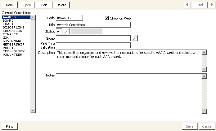 Desktop: Customers > Setup tables > Committee codes