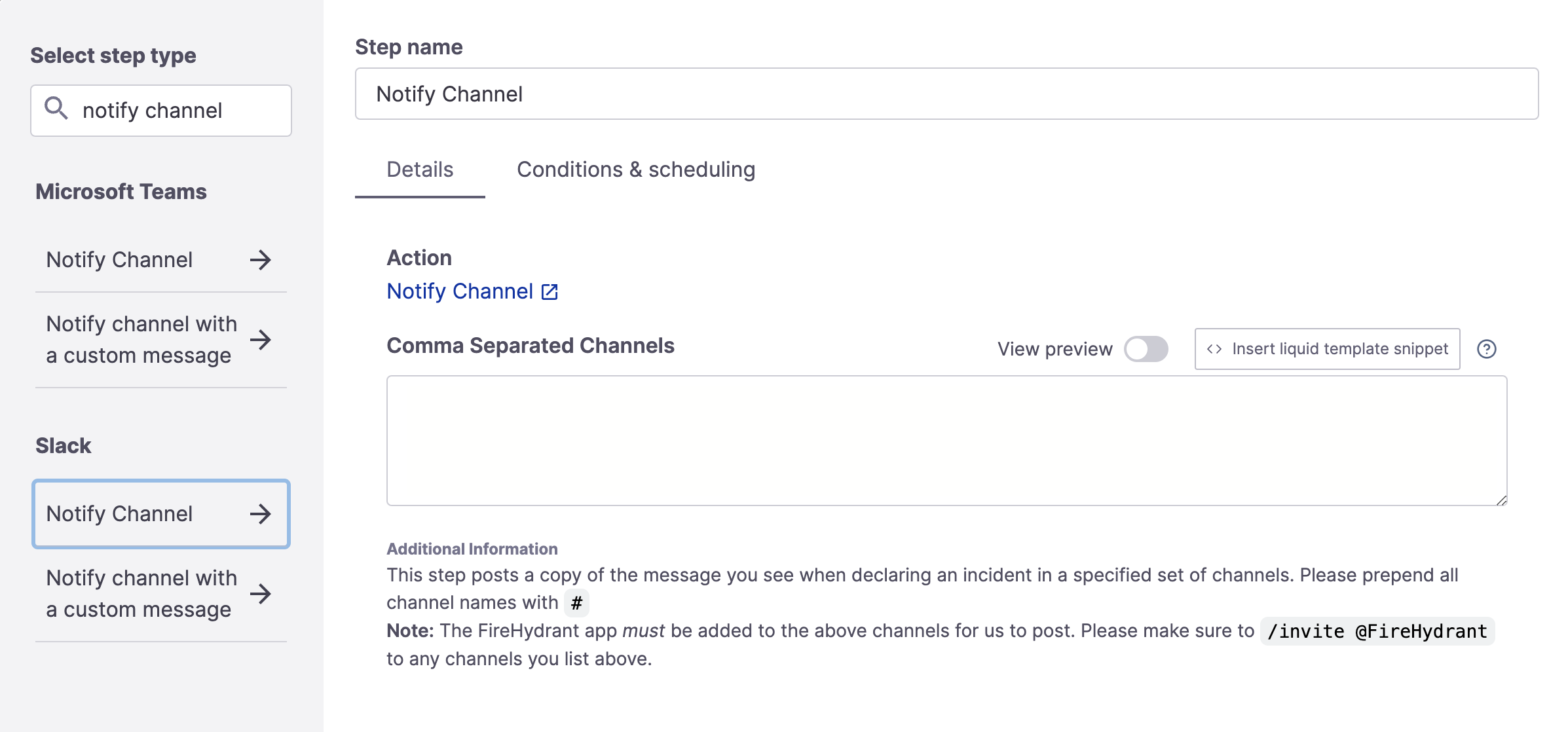 Notify Channel step. The step looks identical for both Slack and Microsoft Teams