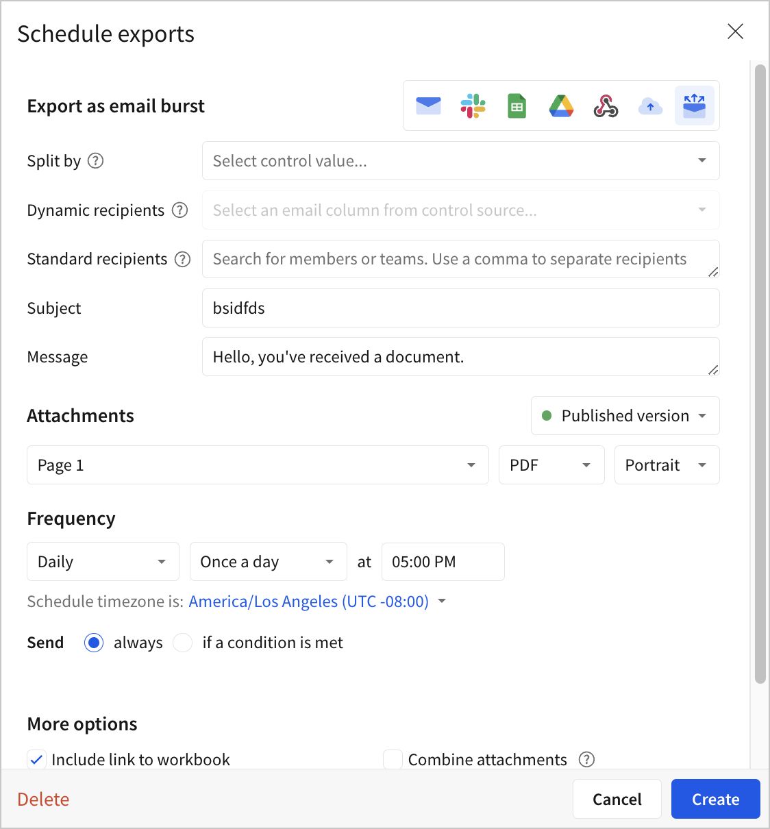 Schedule exports modal with email burst selected and the described options visible