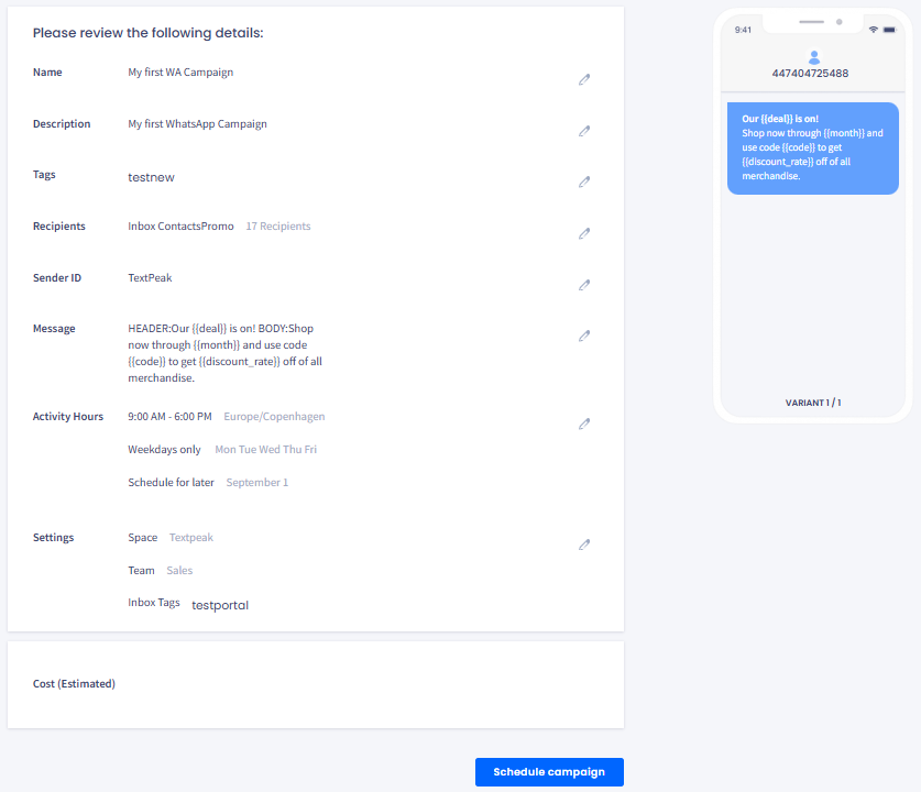 Screenshot of the Reviewing campaign box