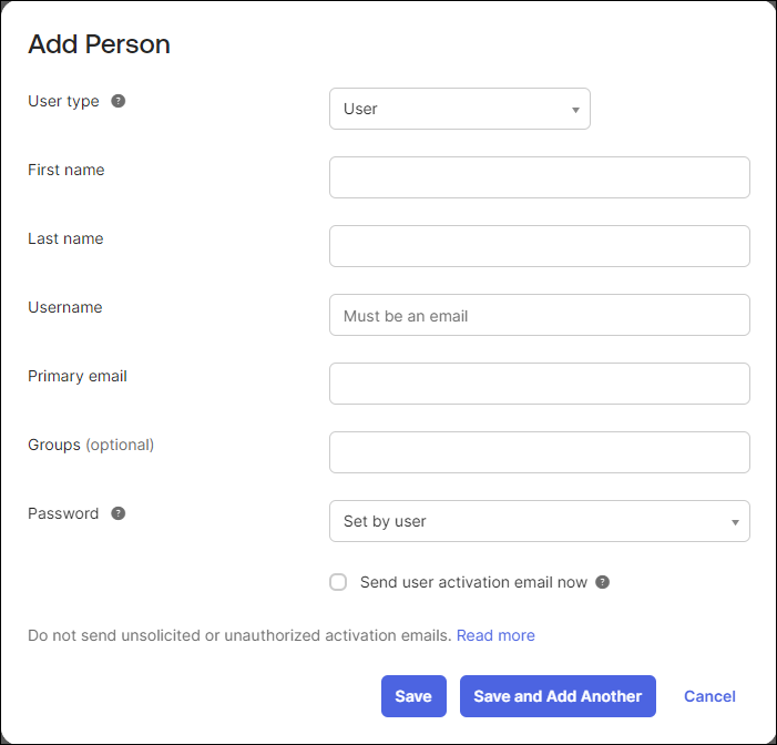 Entering required information on the new user