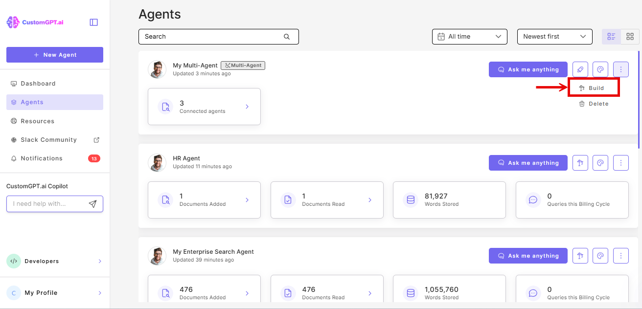 Build option in the dropdown of master agent