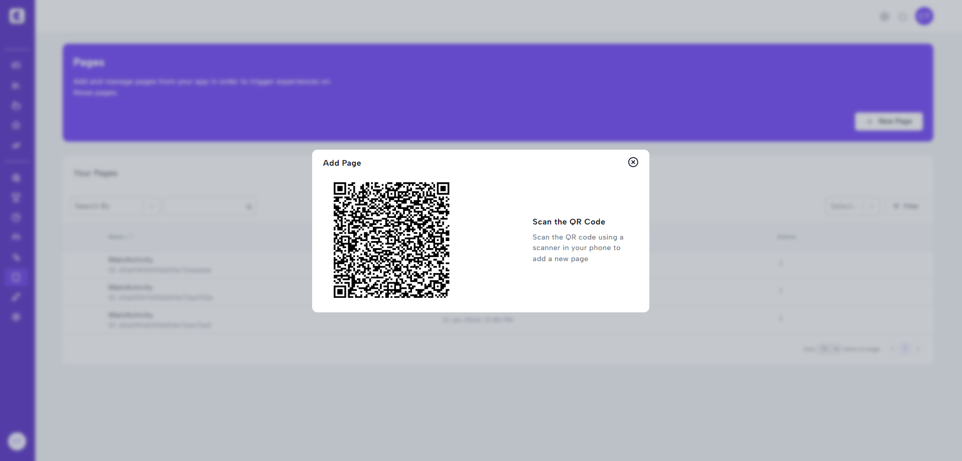 Scan QR code to add a page to the dashboard
