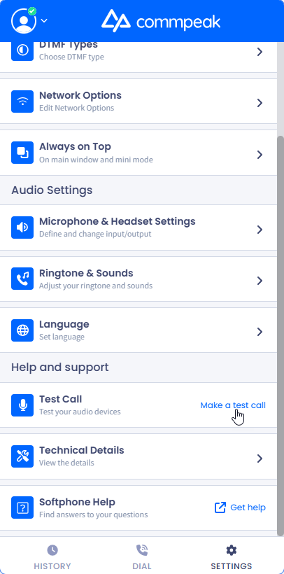 Screenshot with the Test Call option