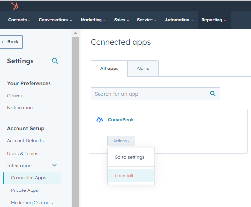 Screenshot of the **Integrations > Connected Apps**: **Uninstall** option