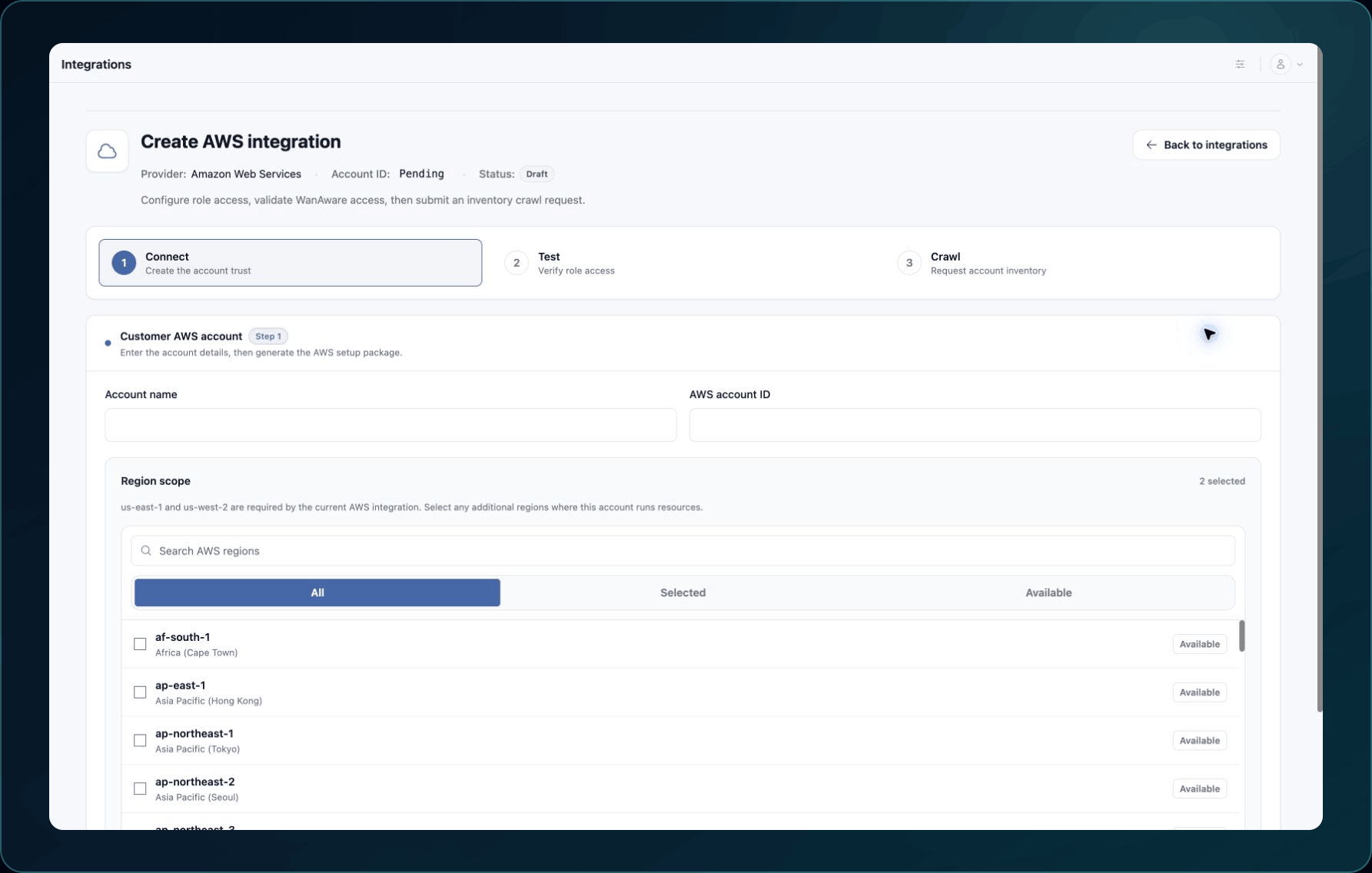 Provider setup showing Connect, Test, and Crawl checkpoints before any account details are entered.