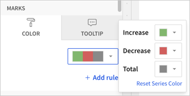 Color picker open, with options to set a color for the Increase in values, the Decrease in values, and the Total values (start and end) in the waterfall chart.