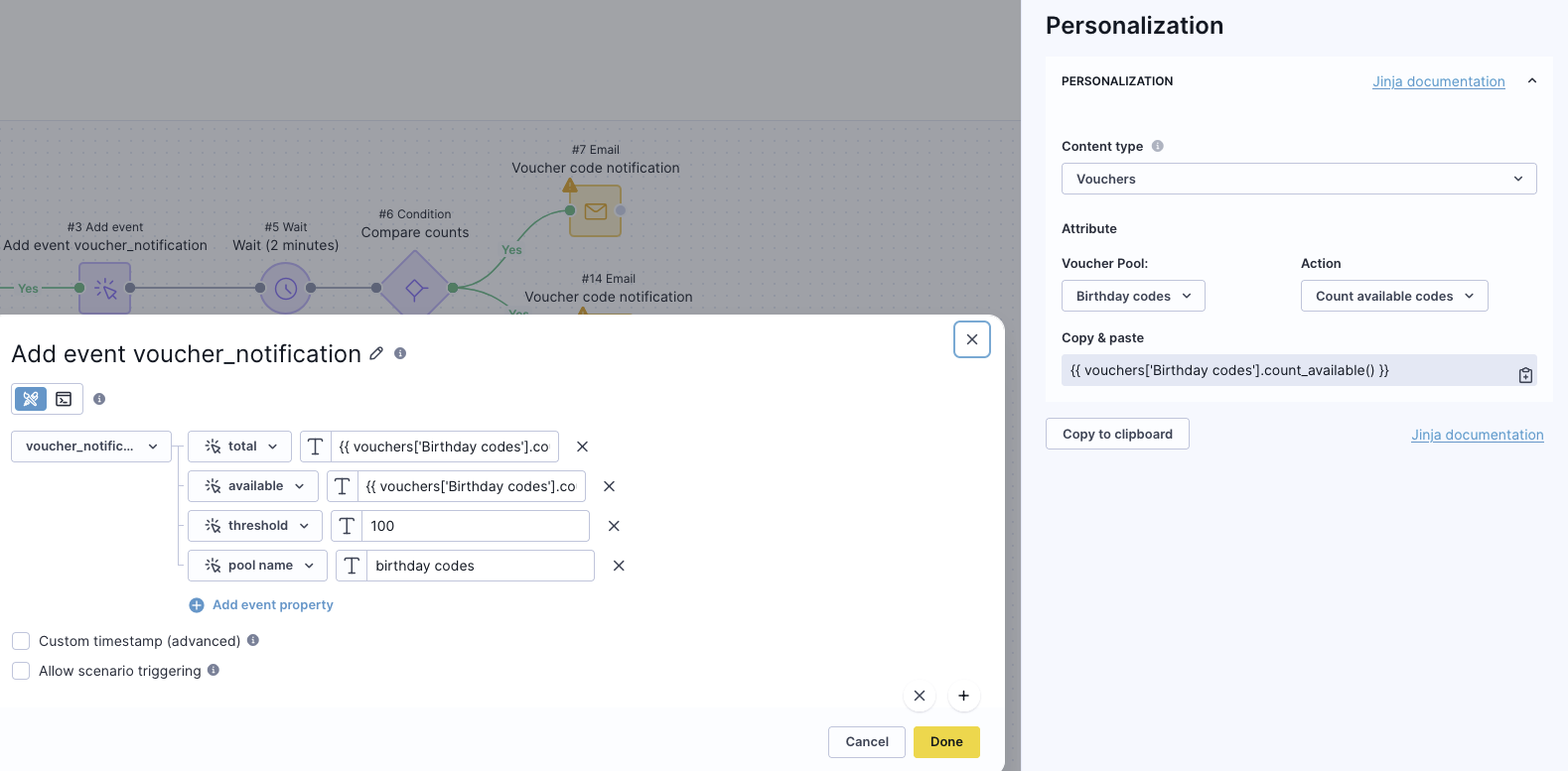 Add event node configured with pool_name, total_codes, available_codes, and threshold fields.