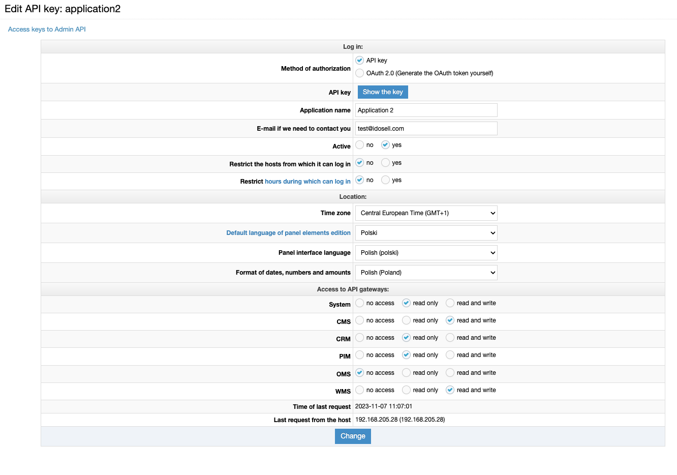 IdoSell Administration Panel - API Access Keys management