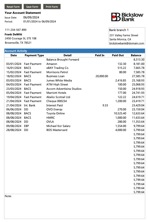 Bank statement Bickslow