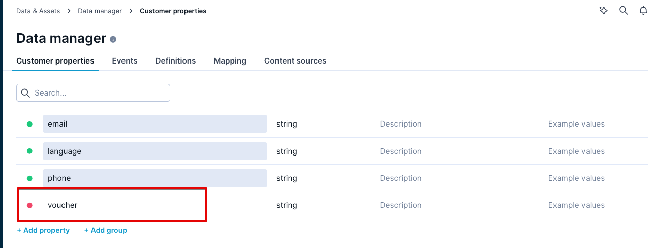 Data manager showing a new custom customer attribute being created and named for voucher use