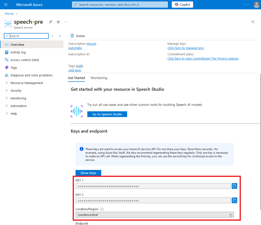 Speech API keys can be easily copied from Overview module