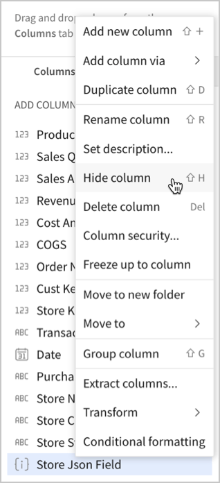 The column menu open in the editor panel under the Columns section for a column named "Store Json Field" with the cursor hovering above the option for "Hide column".