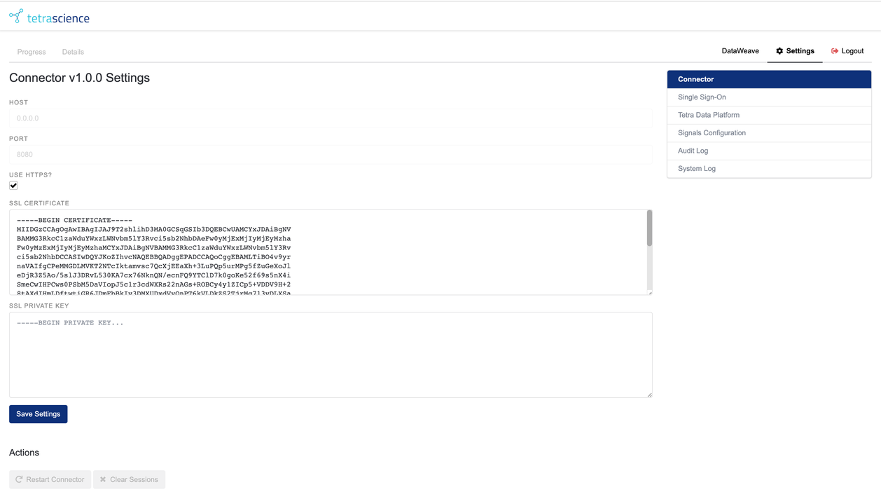 Figure 1. The TetraScience Signals Notebook Connector settings landing page