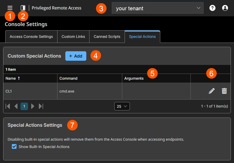 An image of BeyondTrust Privileged Remote Access interface showing the 'Console Settings' page with the 'Special Actions' tab selected. The page includes sections for Custom Special Actions and Special Actions Settings. One custom action is listed with Name 'CLI', Command 'cmd.exe', and no Arguments. Edit and delete icons are available for the action. A checkbox labeled 'Show Built-In Special Actions' is checked in the Special Actions Settings section.