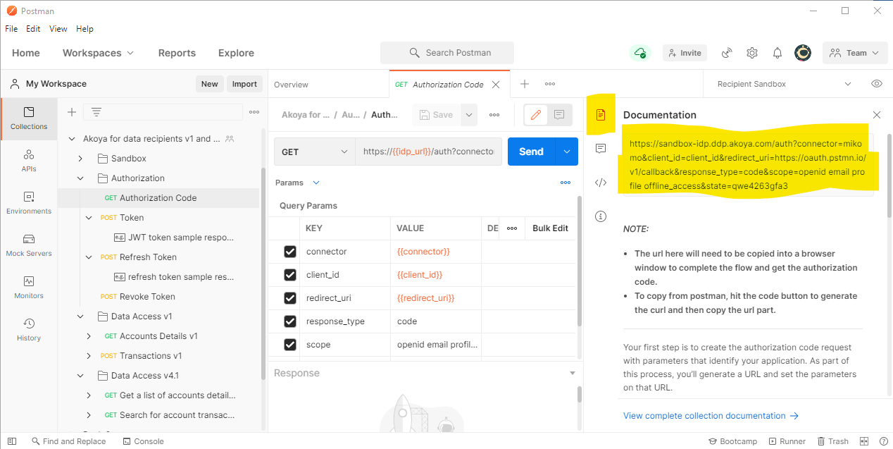 postmanCopyAuthorizationURL.png Use the URL at the top of the 'Authorization Code' documentation tab to start the consent flow process