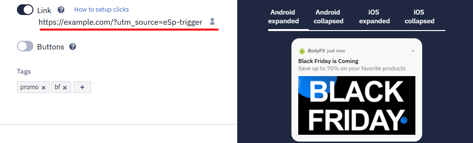 Link field with pre-generated UTM-tagged URL in Mobile Push message