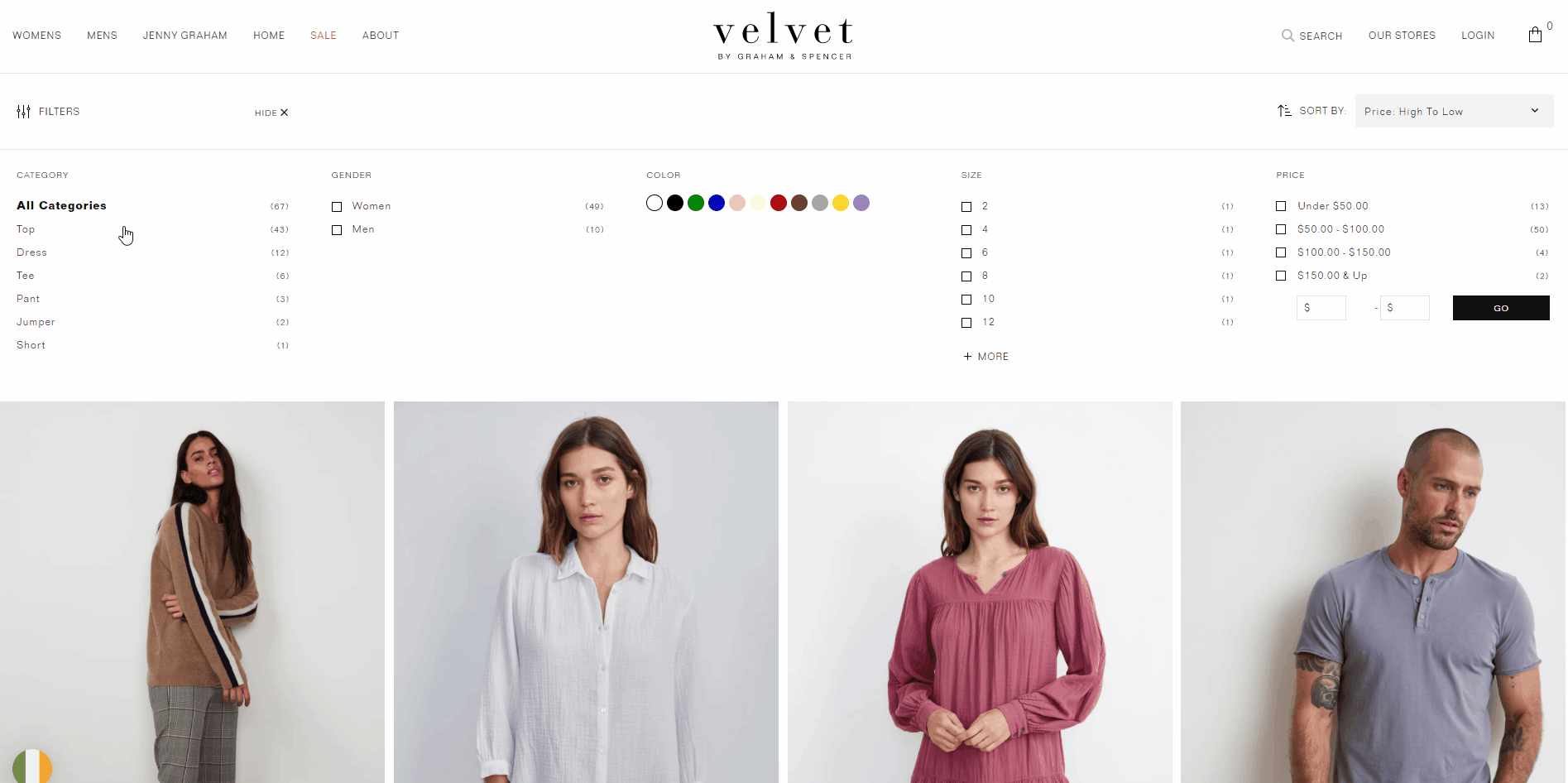 Filtering through a Findify Smart Collection, in operation on US fashion merchant Velvet's Shopify Plus store.