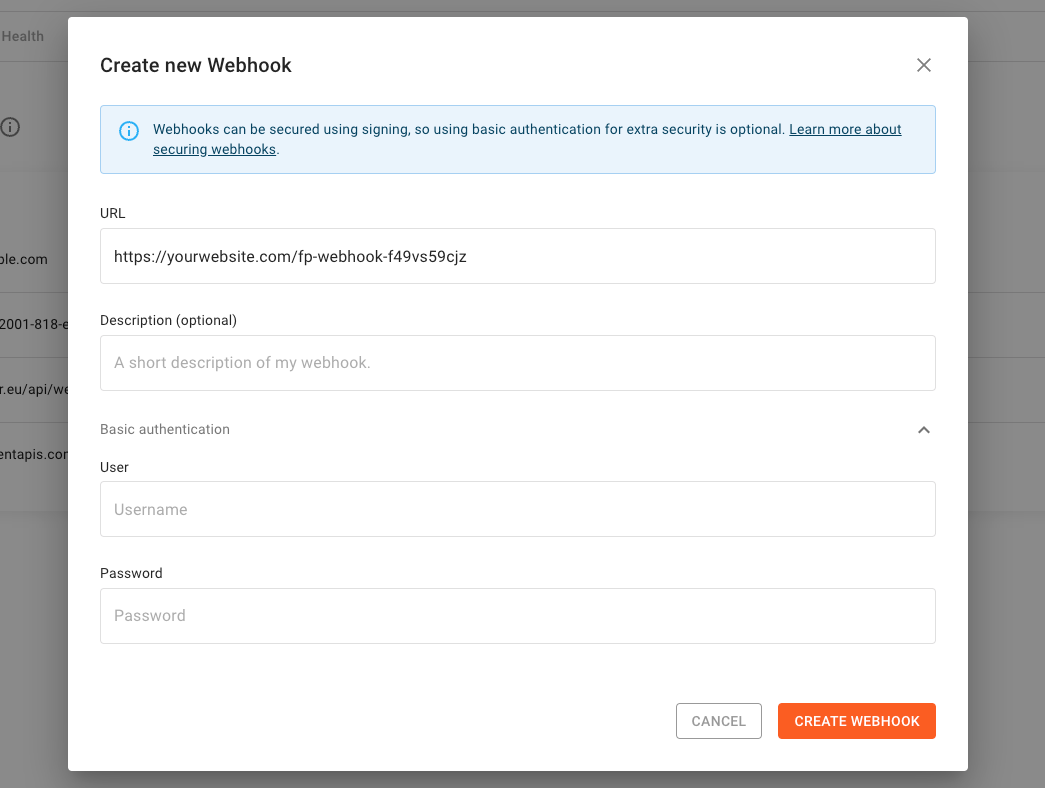 Create a new webhook form