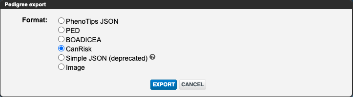 A screenshot of PhenoTips' pedigree export options. Under format options include "PhenoTips JSON", "PED", "BOADICEA", "CanRisk" which is selected, "Simple JSON (deprecated)", and "image". 