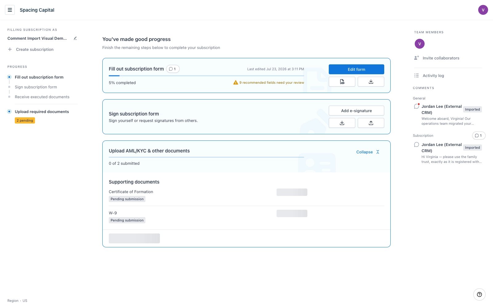 Investor subscription overview with a Comments rail listing imported General and Subscription comments from Jordan Lee (External CRM), each carrying an Imported tag