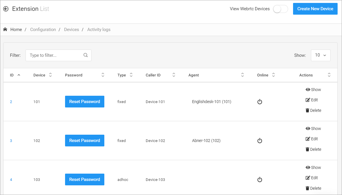 Screenshot of the **Configuration > Devices** tab