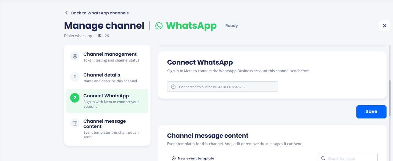 Connect WhatsApp step with a note about the Meta window and the Connect WhatsApp button