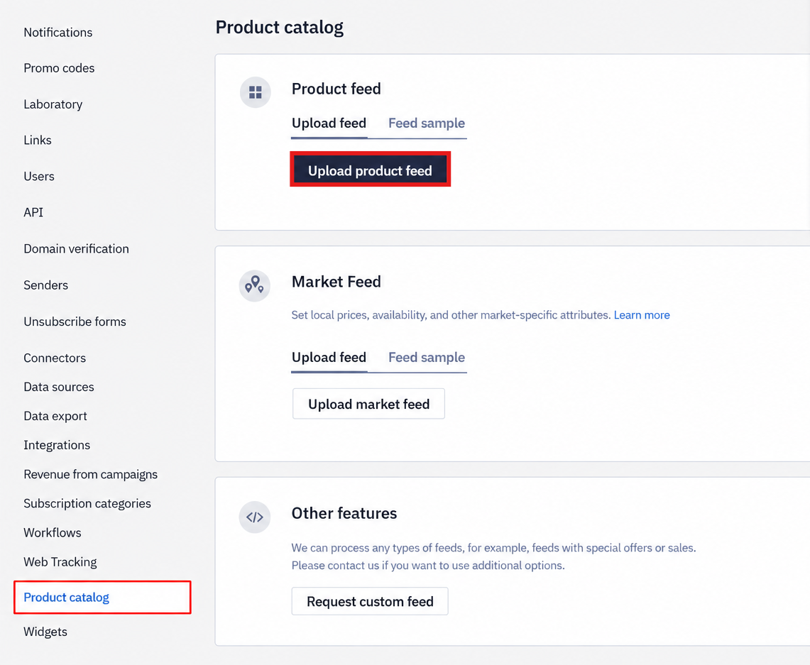 Product feed settings window with the URL field, feed type, and update frequency