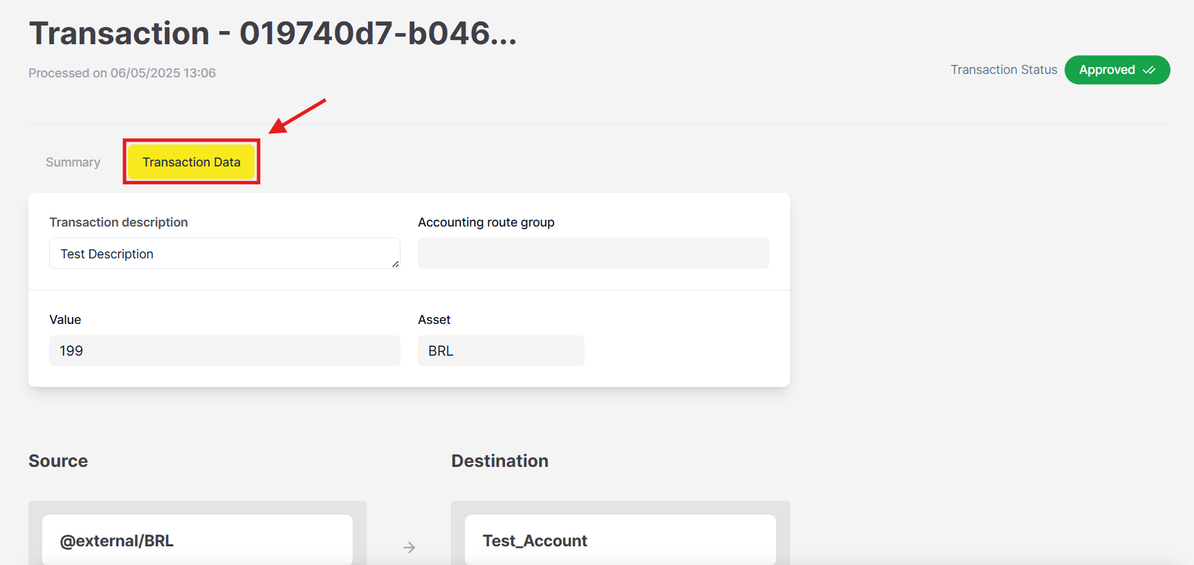 Figure 2. Transaction data tab in the Transaction details.