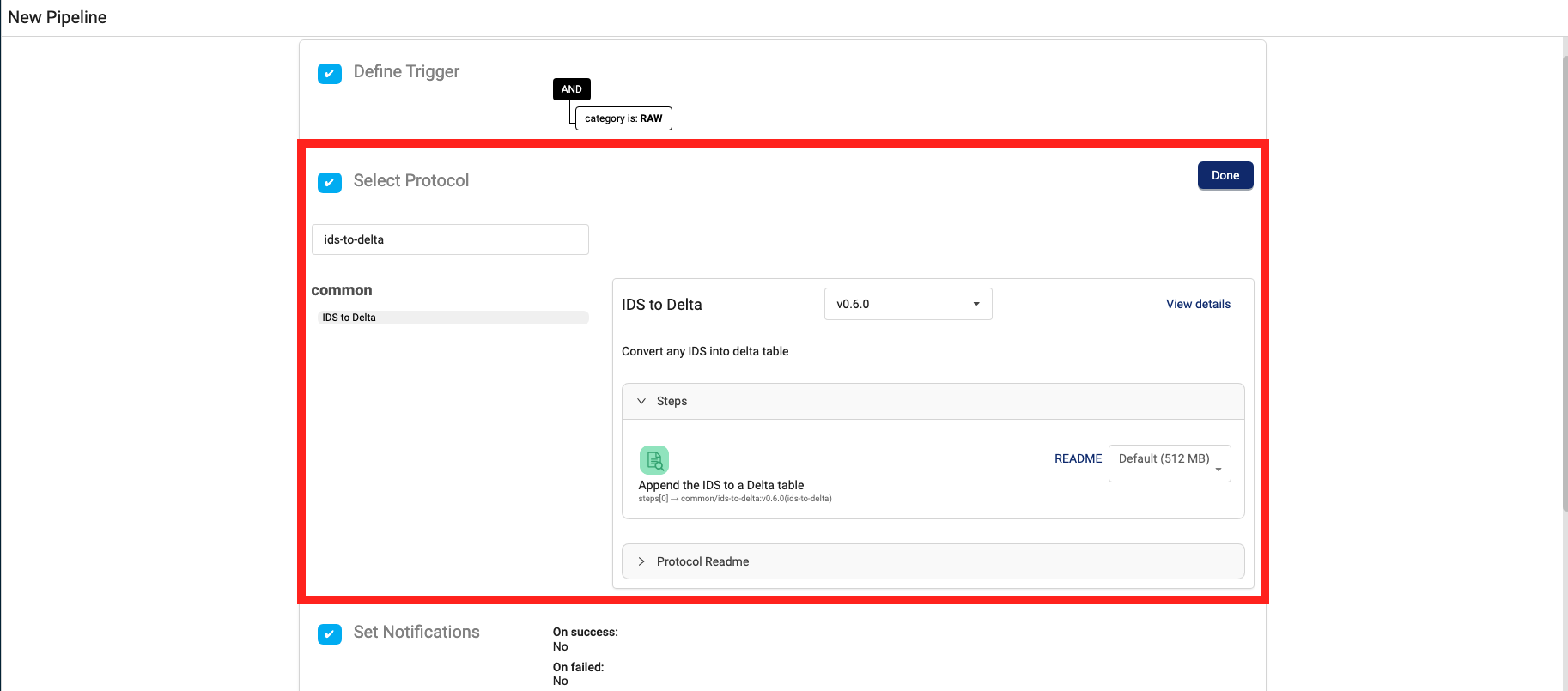 `ids-to-delta` protocol selection on the New Pipeline page