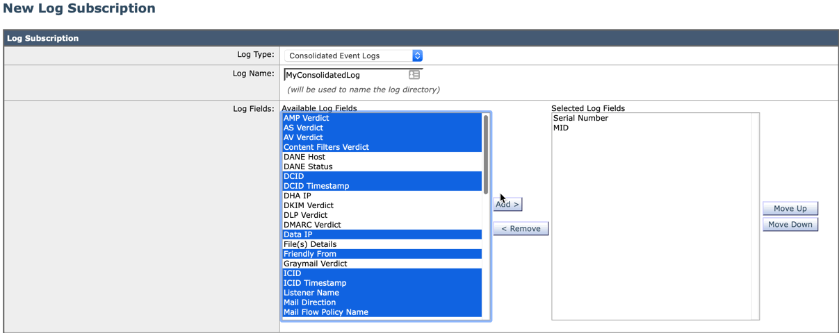 Enter in a log name
Choose the Log Fields and set the order of events