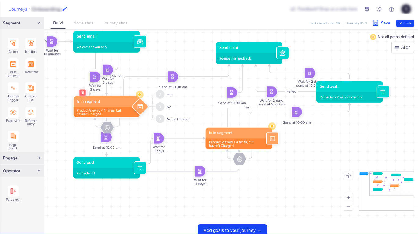 Screenshot of the dashboard, displaying how to define engagement node using a journey.