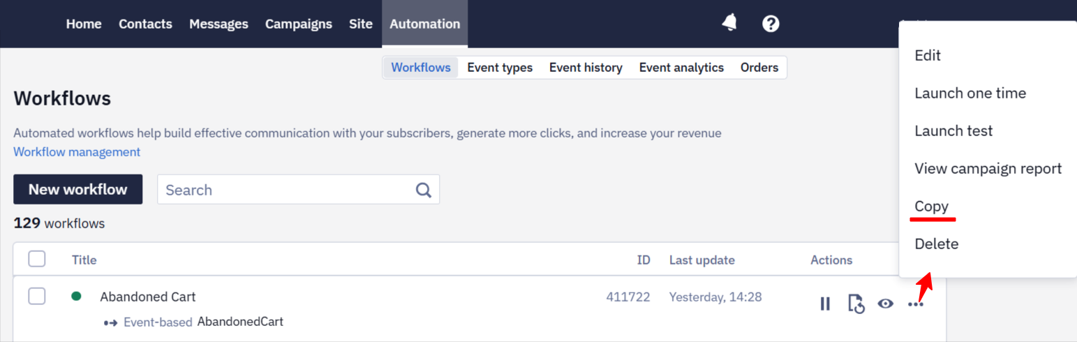 A copied workflow and its Start/Stop configuration