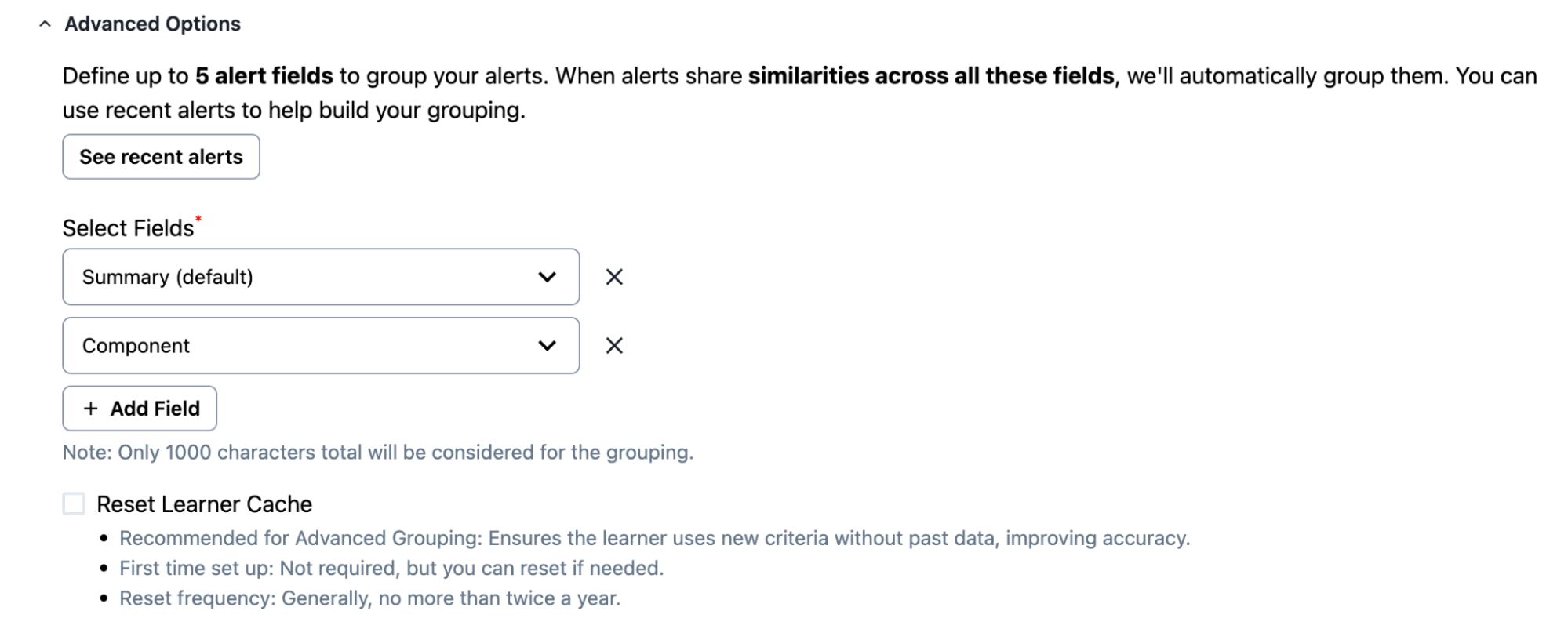 A screenshot of the PagerDuty UI indicating where to configure Intelligent Alert Grouping's advanced options