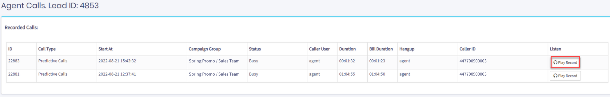 Screenshot of playing call records