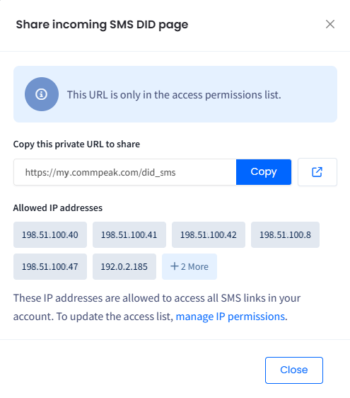 Screenshot of the Share incoming SMS DID page dialog