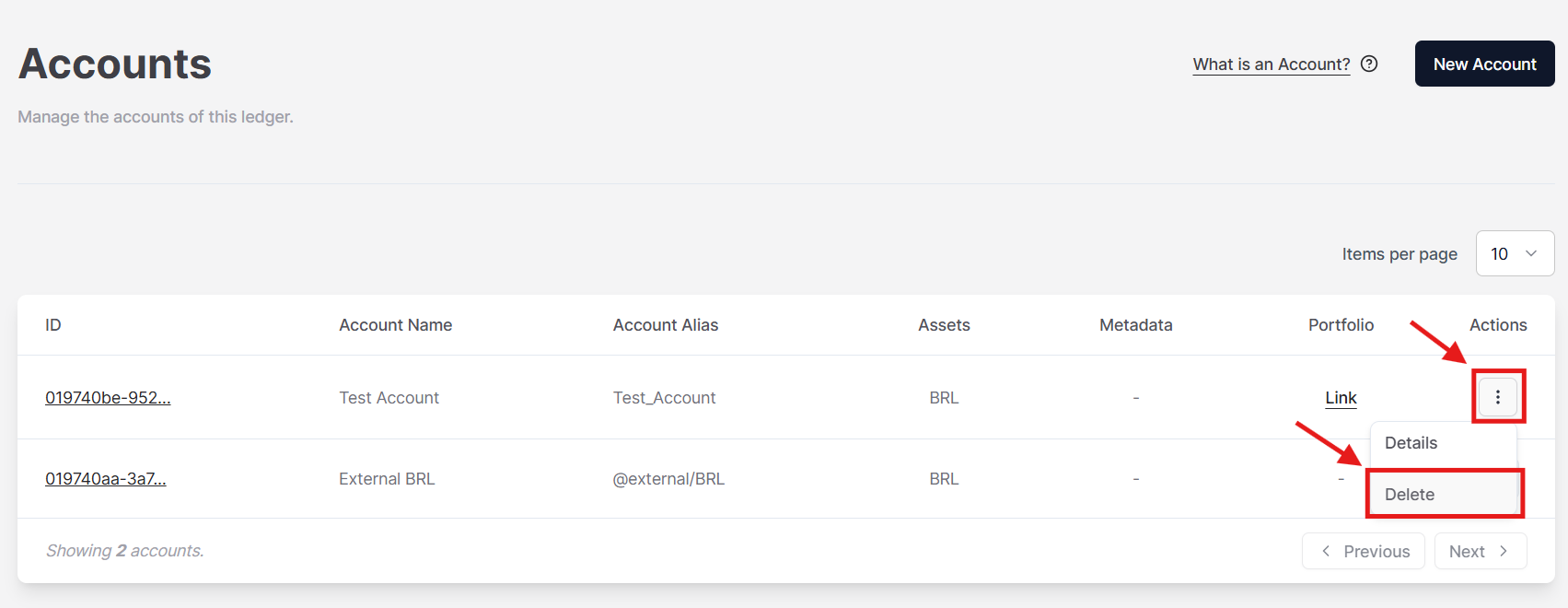 Figure 1. The option to delete an Account on the Actions menu.