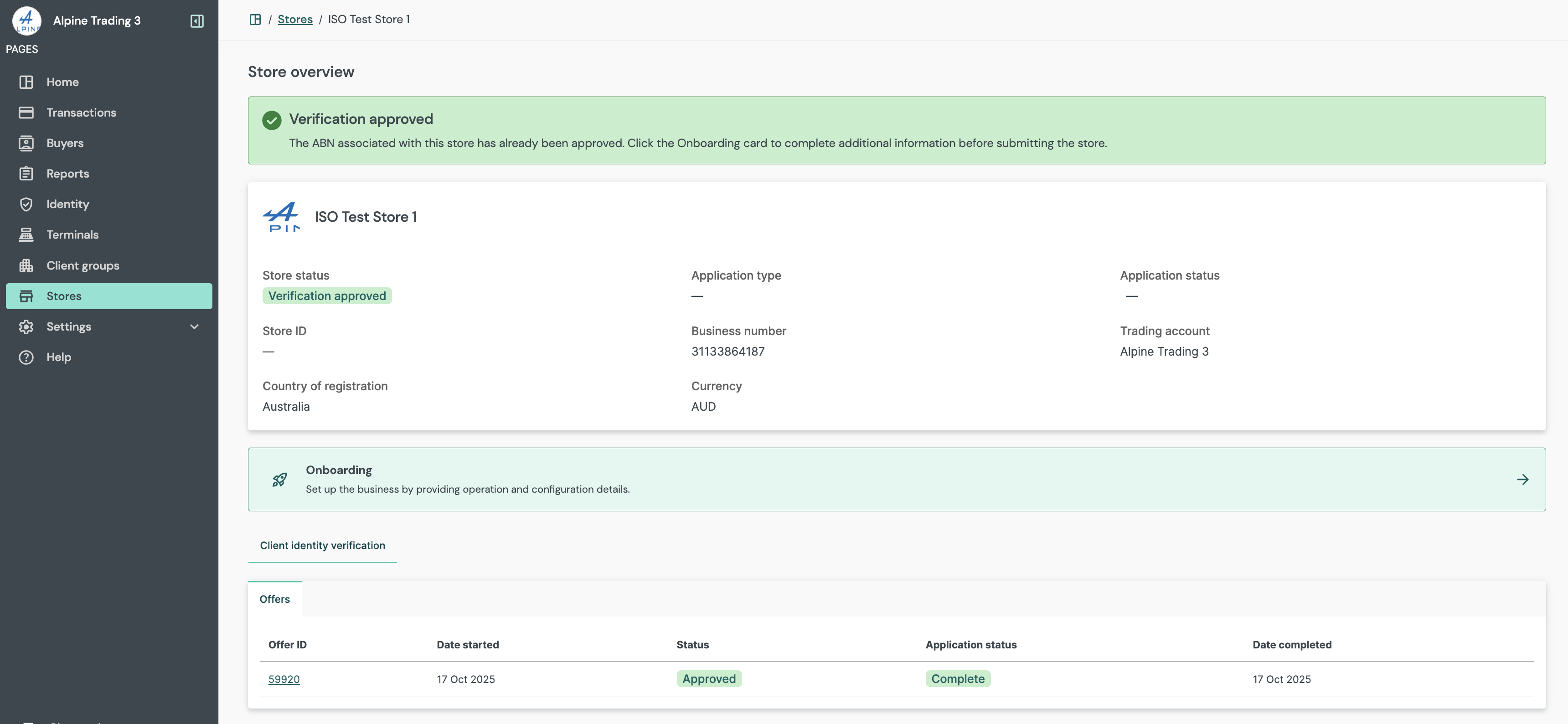 Store overview: store status displays 'Verification approved'