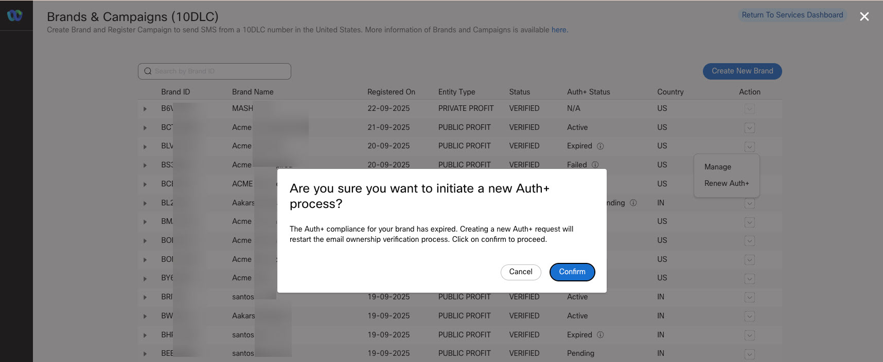 Screenshot of confirming to initiate a new Auth+ process.